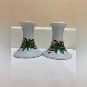 Vintage 1989 Pair Christmas Ceramic Holly Berry Candle Holders Japan